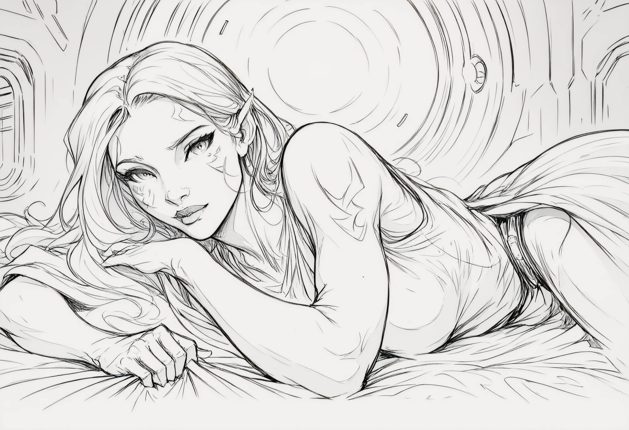 KateR, Pencil sketch, lineart, monochrome, Jarael, alabaster white skin, tattoos, facial mark, in bed, covered by a sheet, very detailed, messy spaceship interior, star wars aesthetic, masterpiece 