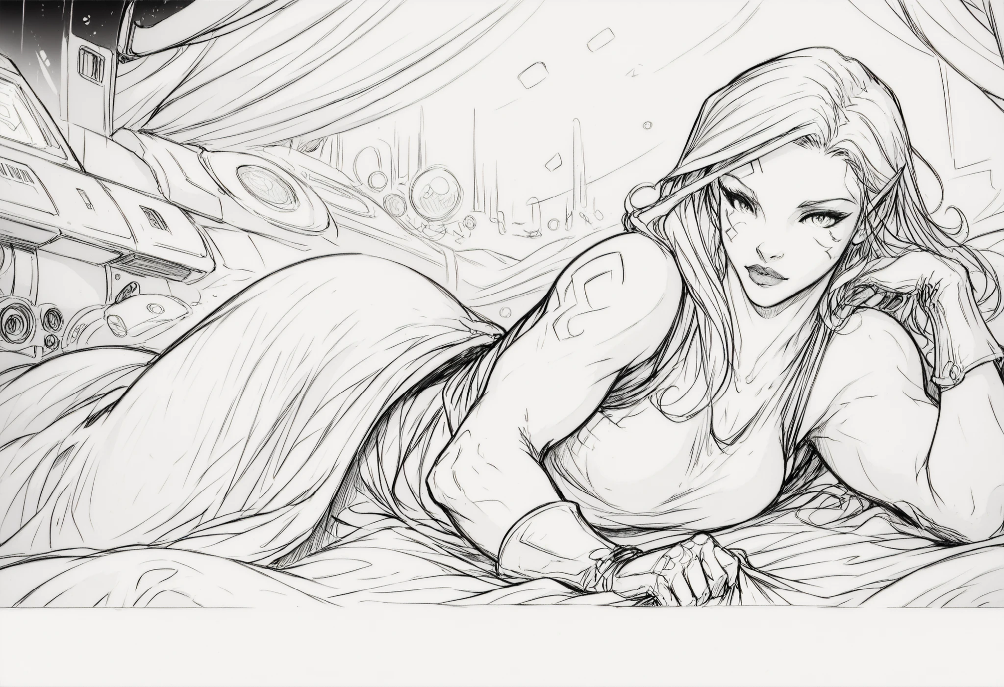KateR, Pencil sketch, lineart, monochrome, Jarael, alabaster white skin, tattoos, facial mark, in bed, covered by a sheet, very detailed, messy spaceship interior, star wars aesthetic, masterpiece