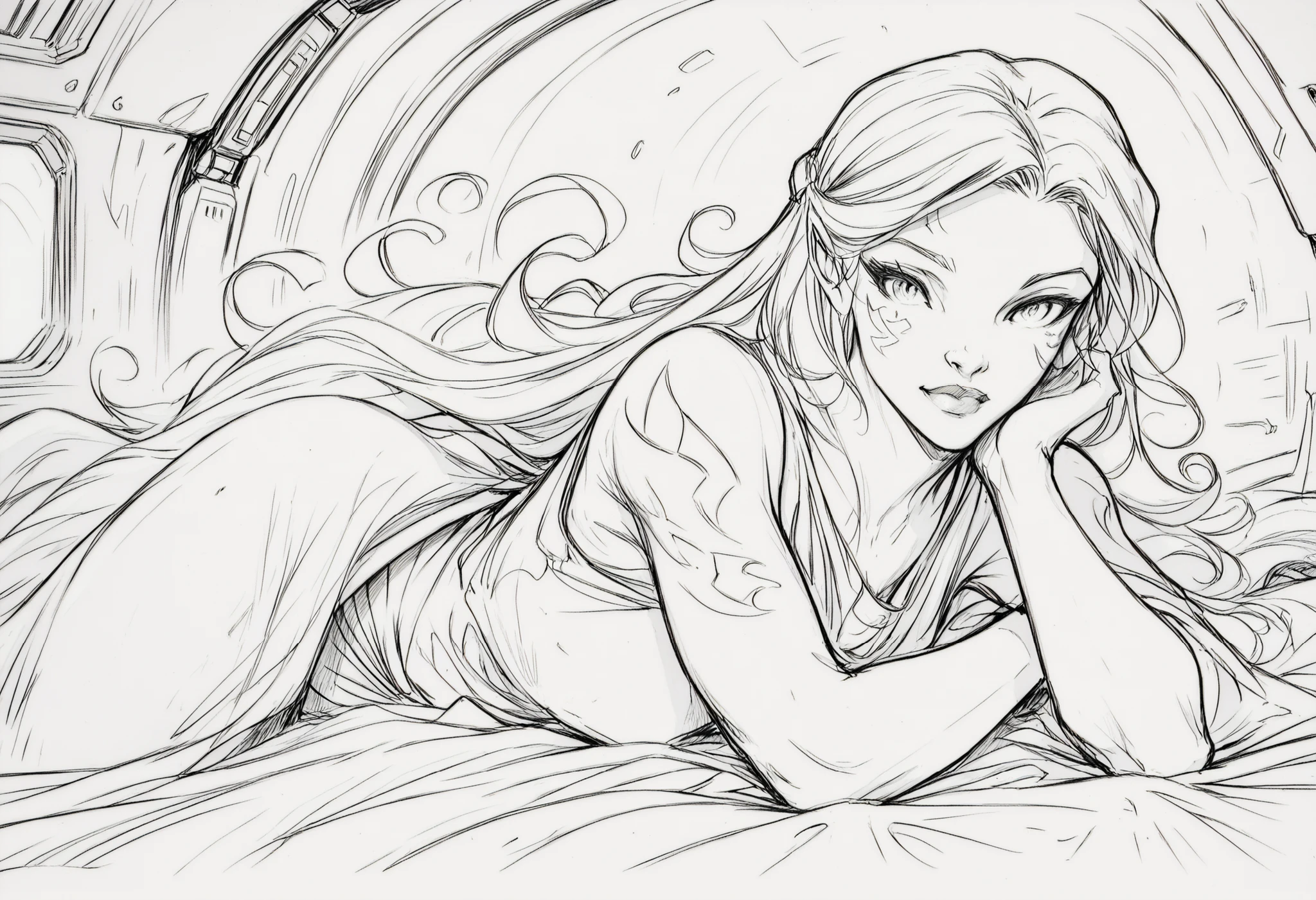 KateR, Pencil sketch, lineart, monochrome, Jarael, alabaster white skin, tattoos, facial mark, in bed, covered by a sheet, very detailed, messy spaceship interior, star wars aesthetic, masterpiece