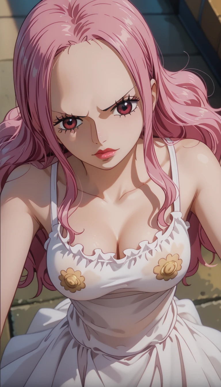 rose hair , big breastes , sexy anime woman , in pink bra and panties , lying on the bed with legs spread apart , looks at us with a smile , beste-Qualit