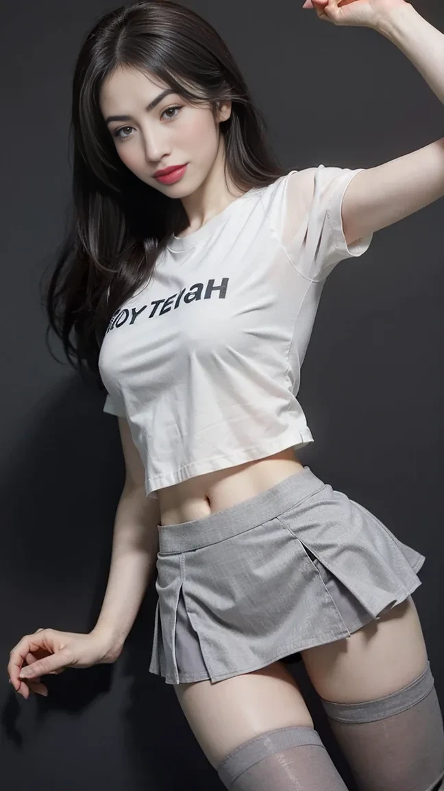 (8k, RAW Photo, Best Quality, Masterpiece:1.3),(Real,Photo:1.37),(Black Hair),Pose,1girl,Very Beautiful Face,Cute,(Small),(Put Your Hands Down))),Poggy Hairstyle,Random Expression,(White T-shirt),JK_style,(Track Shorts) ,Black Hair,(Age 19),Modest,Five Fingers,Normal Hands,Small Mouth,Straight Hair