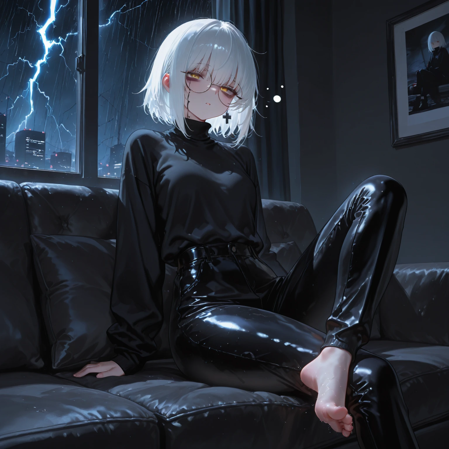 (masterpiece, best quality, Full HD), fantasy, floating, very short platinum hair, curled up, hugging knees, sitting on a floating pillow, slim black body suit, barefoot, white background