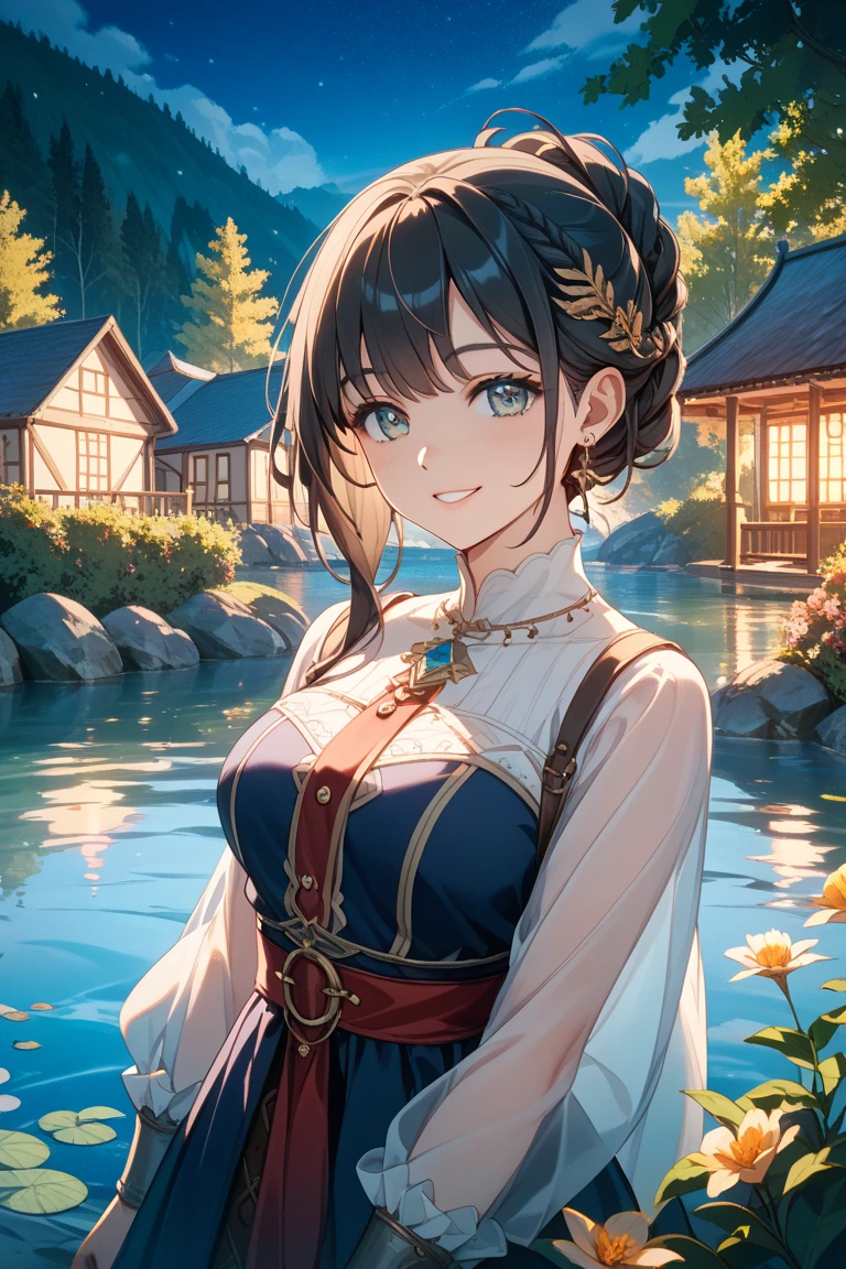 ((Top Quality)), ((Excellent)), (Details),,((Japanese)),10 years old, Black Hair,(Childish face),((Straight Hair)), shiny hair, a Girl ,Medium Breasts, ((Blue Eyes)),masterpiece,, ultra realistic, 32k, extremely detailed CG unity 8k wallpaper,((from_above)),from above, ((extreme_close_up)) ,Emphasize the cleavage, best quality, soft lighting, solo, Straight Hair, blunt bangs, hair bow, hair ribbon, ribbon,  ((white dashiki)),((white dashiki)), outdoors, (Grassland), lake, 1girl, black bow, cate , stunning environment ,vibrant colors ,