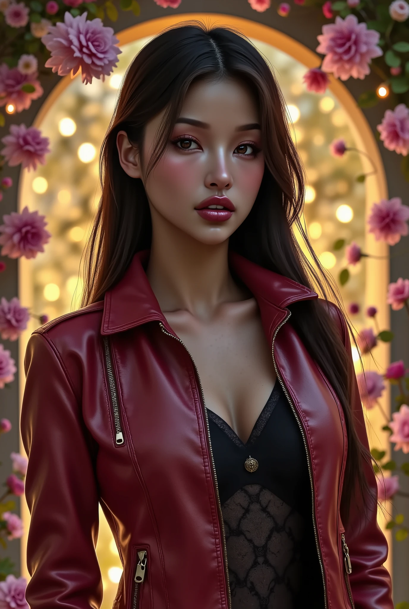 Divide Ratio : 1,1,1 Base Ratio: beauty (mixed black girl) and (jessica alba)((madison ivy)) in (highly detailed 32k digital art of a ((20-year-old))),fashion supermodel,(ultrarealistic high quality real texture skin),(ebony skin female:1.3),(ultrarealistic quality texture hair),(ultra Details hair),((long curly black hair:1.4)),(in the gardens of the Sultan's palace),(details of a very beautiful face),(Ultra-realistic最high quality digital art 32k)highres,dreamy girl ultrarealistic,((sharp focus)),(([ray tracing],soft neon light glowing on face and body)),(perfect proportions),(anatomically correct),(perfect female body:1.4),(ultra beautiful body),beautiful feet,(firm normal full breasts:1.25),(narrow waist:1.3),medium ass,(slim face),beautiful cheekbones, slim belly: 1.3,(slim,swell-muscled body:1.3),(Extremely beautiful face),(realistic face),(ultra detailed face),(ultra beautiful eyes),(realistic eyes),(ultra detailed eyes),(perfect round eyes),(finely detailed pupils),BREAK,brown_eyes:1.25,BREAK,(Fearless look),(super detailed makeup on eyes),detailed lips,(red_lipstick:1.3),Detailed nose,((super extravagant Jacket wear:1.2)),small head,(pink_makeup:1.35),((body shot to knees:1.32),(dynamic pose:1.25),(Erotic:1.6),((red silked skirt,(tiny skirt:1.32),no_panties,curvy),(school uniform short skirt wrapped at the hips),BREAK,(white lace underwear),realistic 32k digital art,