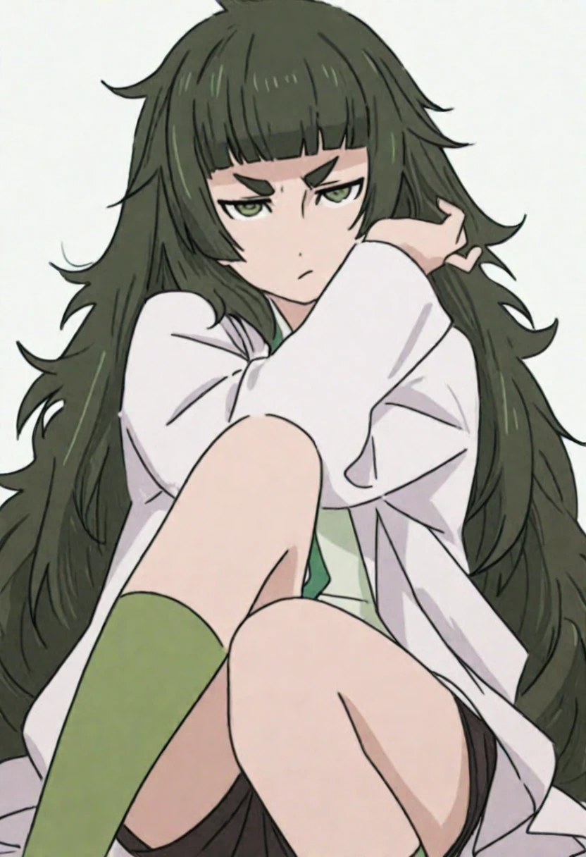 Best quality, Masterpiece, 1girll, Solo, maho, Messy hair, bangs, Dark green hair, Green eyes, full bodyesbian, labcoat, Shorts, T-shirt, Sitting, facingviewer, Socks,