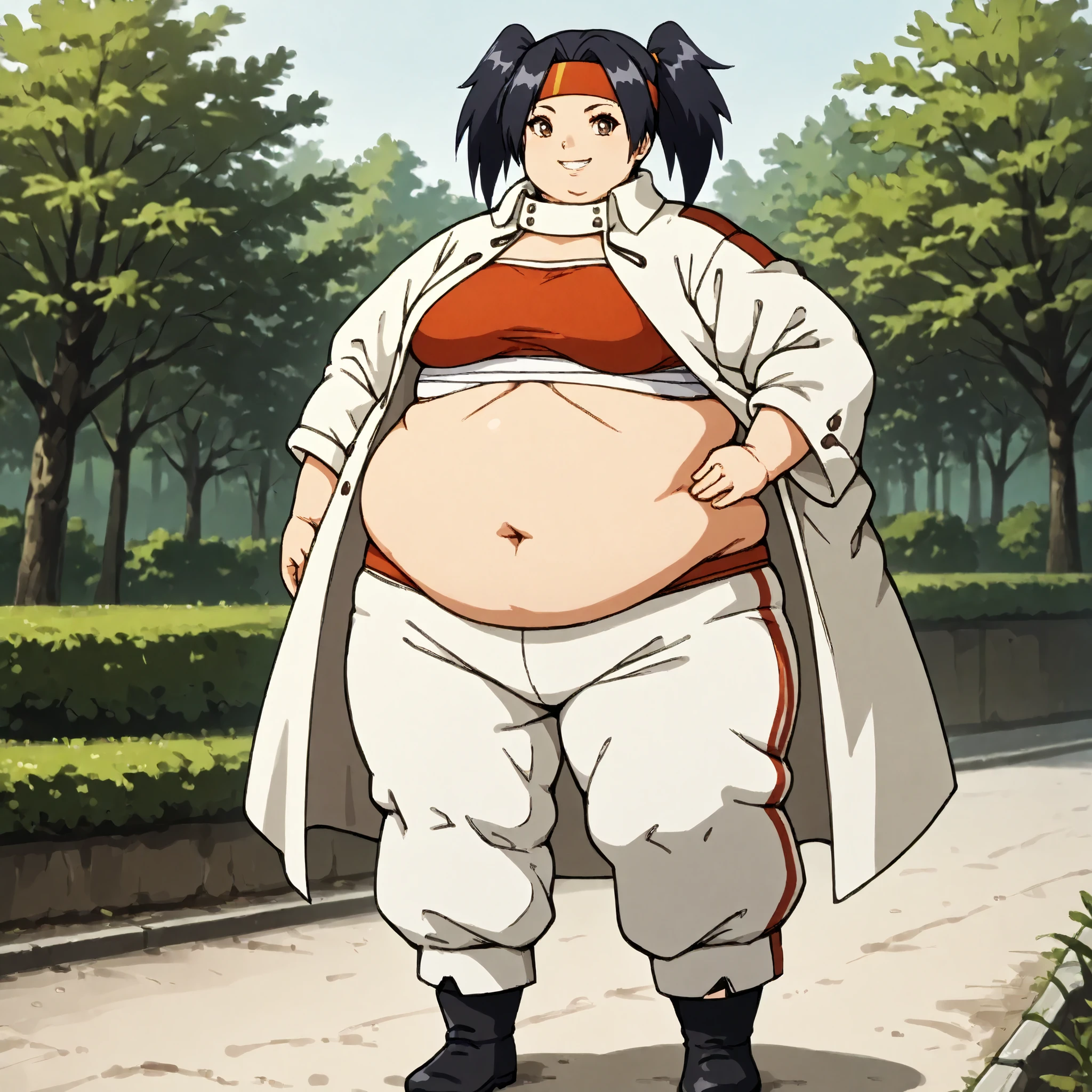 masterpiece, best quality, score_9, score_8_up, score_7_up, score_6_up, outdoors, 1girl, haylin, black hair, brown eyes, long hair, twin tails, female focus, solo, white jacket, white pants, headband, short hair, smile, black footwear, coat, crop top, midriff sarashi, sarashi, full body