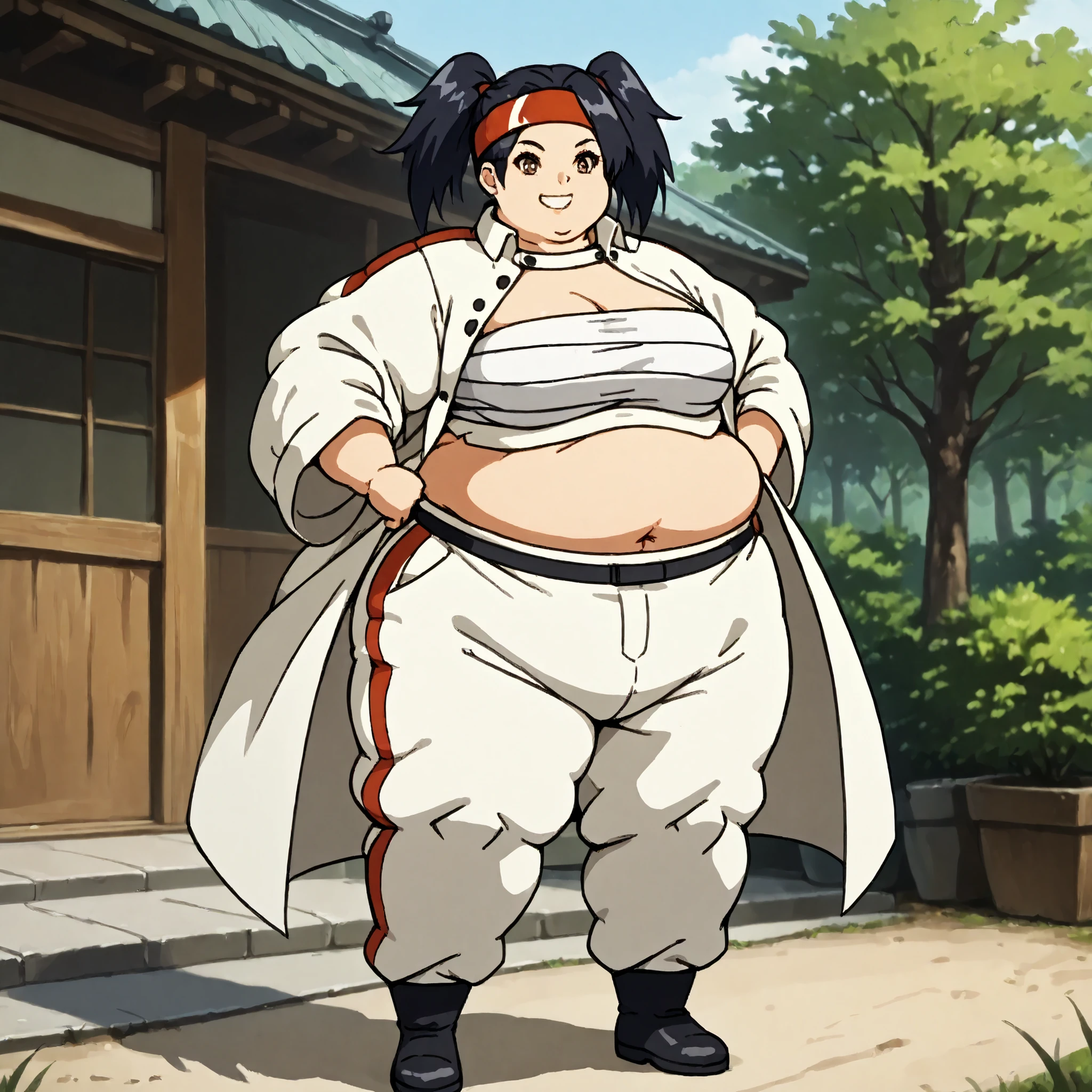 masterpiece, best quality, score_9, score_8_up, score_7_up, score_6_up, outdoors, 1girl, haylin, black hair, brown eyes, long hair, twin tails, female focus, solo, white jacket, white pants, headband, short hair, smile, black footwear, coat, crop top, midriff sarashi, sarashi, full body