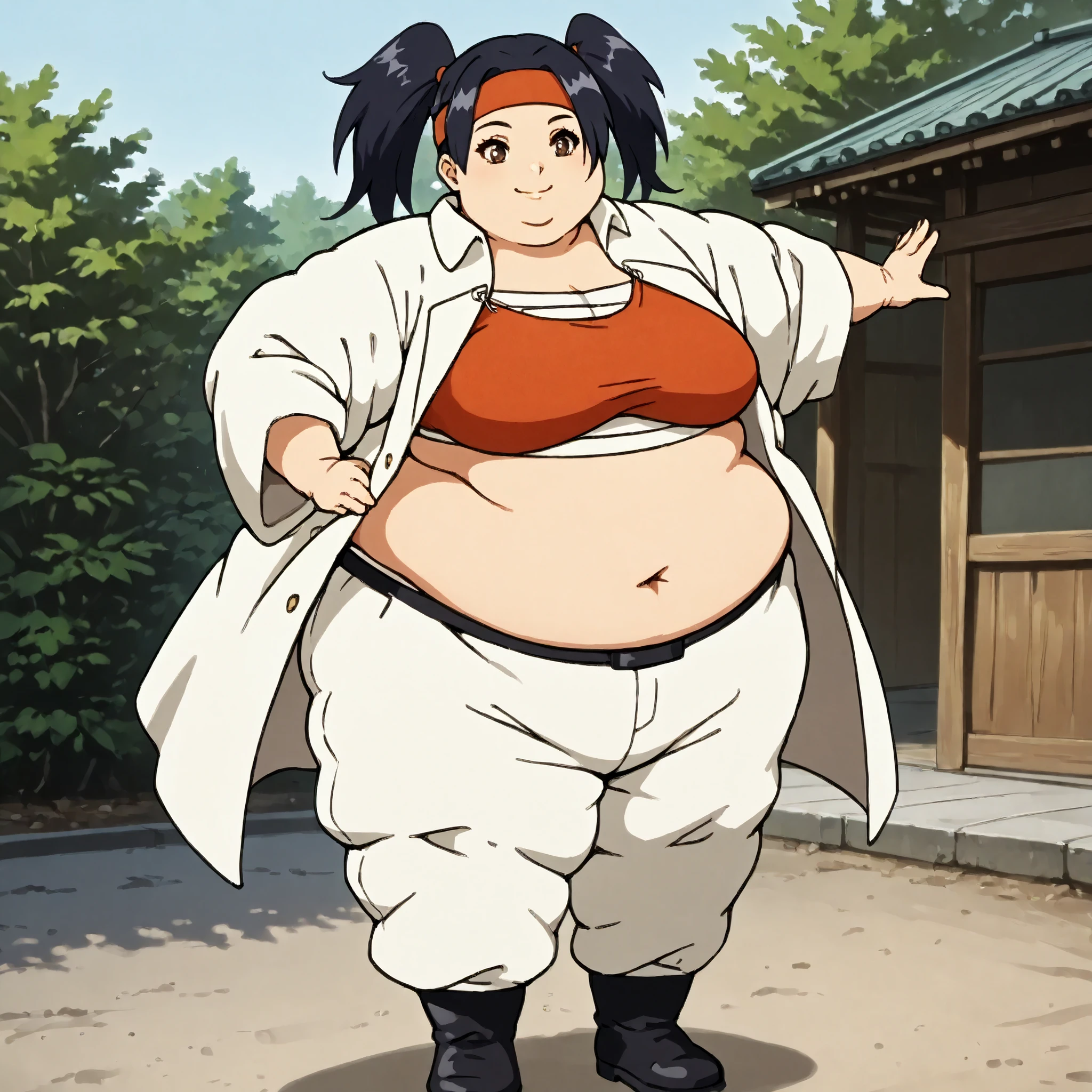 masterpiece, best quality, score_9, score_8_up, score_7_up, score_6_up, outdoors, 1girl, haylin, black hair, brown eyes, long hair, twin tails, female focus, solo, white jacket, white pants, headband, short hair, smile, black footwear, coat, crop top, midriff sarashi, sarashi, full body