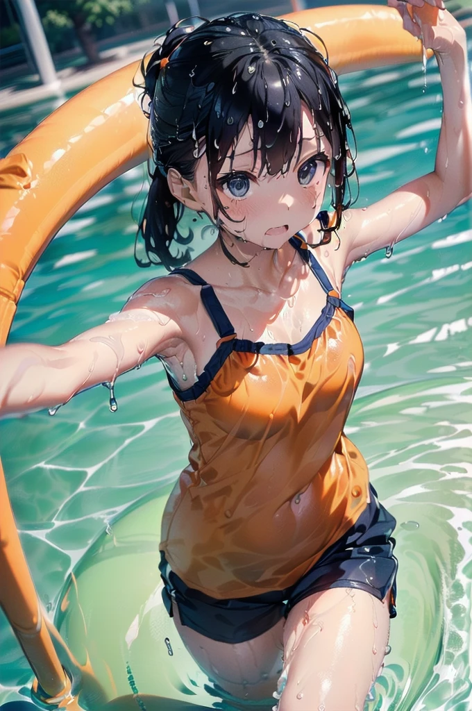 (Drenched in slimy love lotion:1.5),(Orange swimsuit((Orange camisole)),Navy blue piping),(Navy blue shorts),Black Hair,(Water playground in the park:1.2),(Leaning forward pose:1.4),