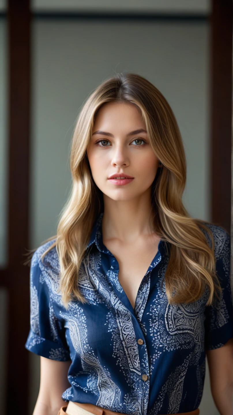 A picture of a very beautiful Arab woman, 24 years old , ((She is wearing a modest dress )). , raw, Pretty woman, (Blonde hair with very long waves), Amazing hair ,Hazel green eyes , , (Detailed face: 1.2)), (detailed facial features)), (soft skin), Pale skin, , Perfect face, Beautiful Face, high the details,(Cold color), patient, Moist, reflection, (Masterpiece) ( Perfect proportions) (Realistic pictures) (Highest quality) (the details) Photos were taken with a Canon EOS R5, 50mm lens, F/2.8, Human development report, (8k) (Dubai) (Film lighting) (Dramatic lighting) (Intense focus) (complicated) fashion, Full body shot.