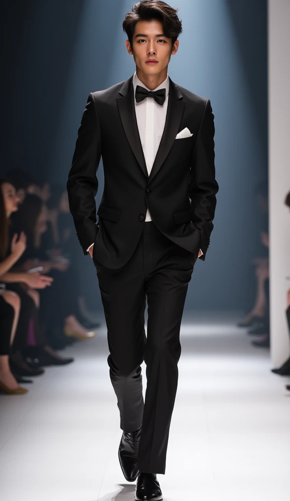 New York fashion house, runway show, walking the runway, MalikDelgaty is a fashion model, wearing men's haute couture suit, sultry expression, ((full body portrait)), wide angle, (GS-Masculine:1.2) <lora:MalikDelgaty-000009:0.75>