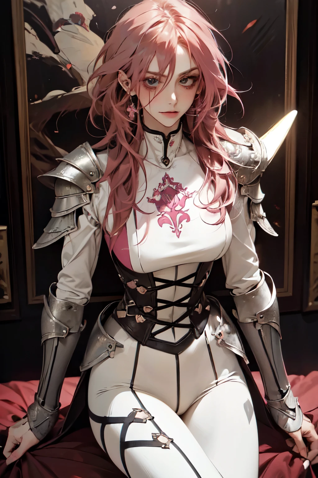
(masterpiece, best quality:1.2), 1girl, solo , pink hair , hair between eyes , medium hair , body suit , large breast , shoulder armor , taunting , pose , funny expression , pout , smirk , grinning , earring , milf , ,slim waist , wide hips , thighs  , mommy
