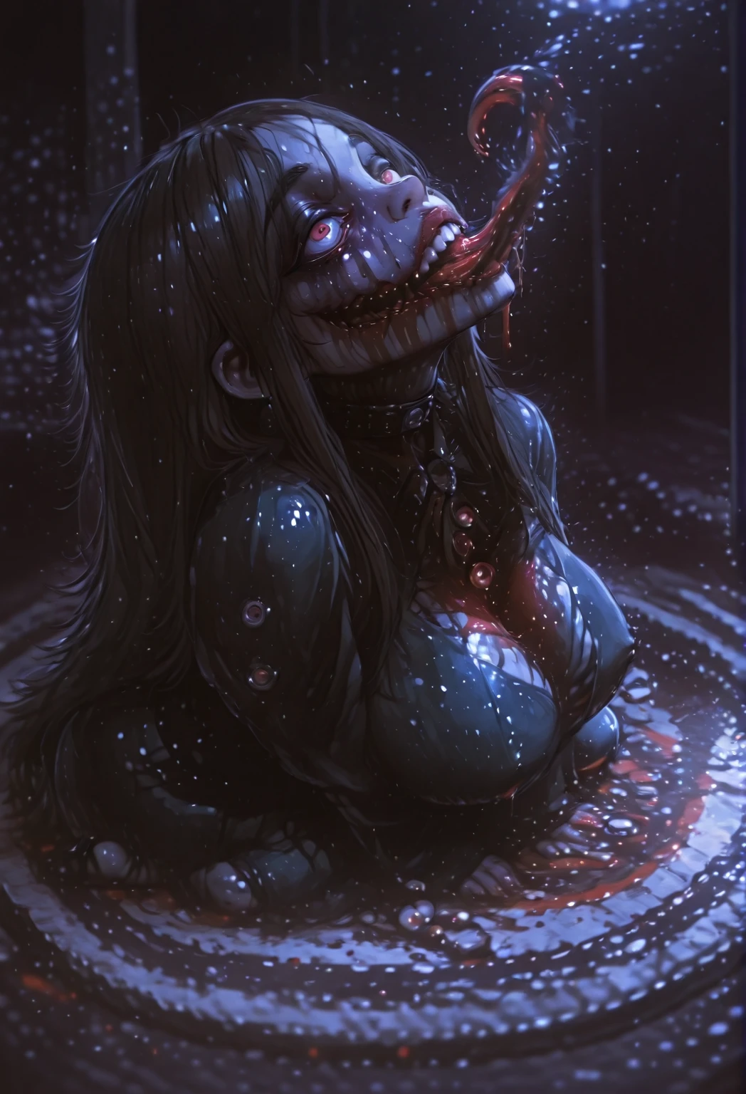 (masterpiece, top quality, best quality, official art, beautiful and aesthetic:1.2), (1girl:1.3), extreme detailed,colorful,highest detailed ((ultra-detailed)), (highly detailed CG illustration), ((an extremely delicate and beautiful)),cinematic light,(body markings, corruption,striped) ,landscape,from above,
solo,(blood vessels connected to tubes),(character focus),science fiction,(blood moon,blood :1.5),
close up, wild laughter , evil smile, black and pink hair ribbon, empty eyes, parted lips, empty eyes,
25-year-old dark skinned dark mahogany-skinned female, statuesque, sensuously sinister,oblong-shaped face,vivacious black eyes, flowing wavy black dragon braid ,
,
(sketch:1.2),
in the rotting prison , with red luminous , red light particles, red shadow,red smoke,blood style necromorph, blood flower on the ground, braless,red lighting,(sketch:1.2)
head tilt,
red black eyes,strong hourglass physique, well-built, thick, and alluring, big breasts, big butt, long, toned legs.