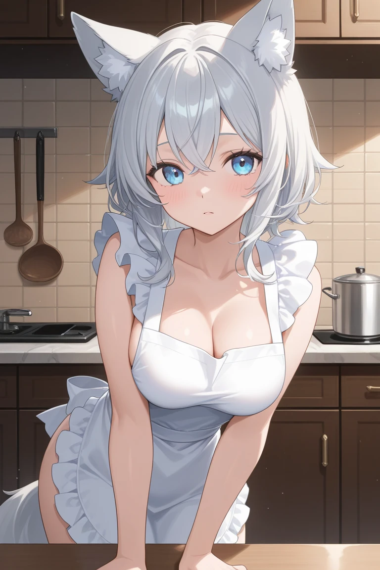 UHD, necessary, Masterpiece, anatomically correct, textured skin, super detail, Best Quality, 16k, 1080P,Alone,(1 female,perfect body,big oppai, short white hair),(blue eyes with red x-shaped pupils:1.9),(wearing a naked apron:1.7)(Transparent),(sweaty skin:1.7),(Wearing white silk stockings:1.7),(open pose:1.7),(full blush:1.7),(in the kitchen),(genshin impact/Harlequin),[face detail]
