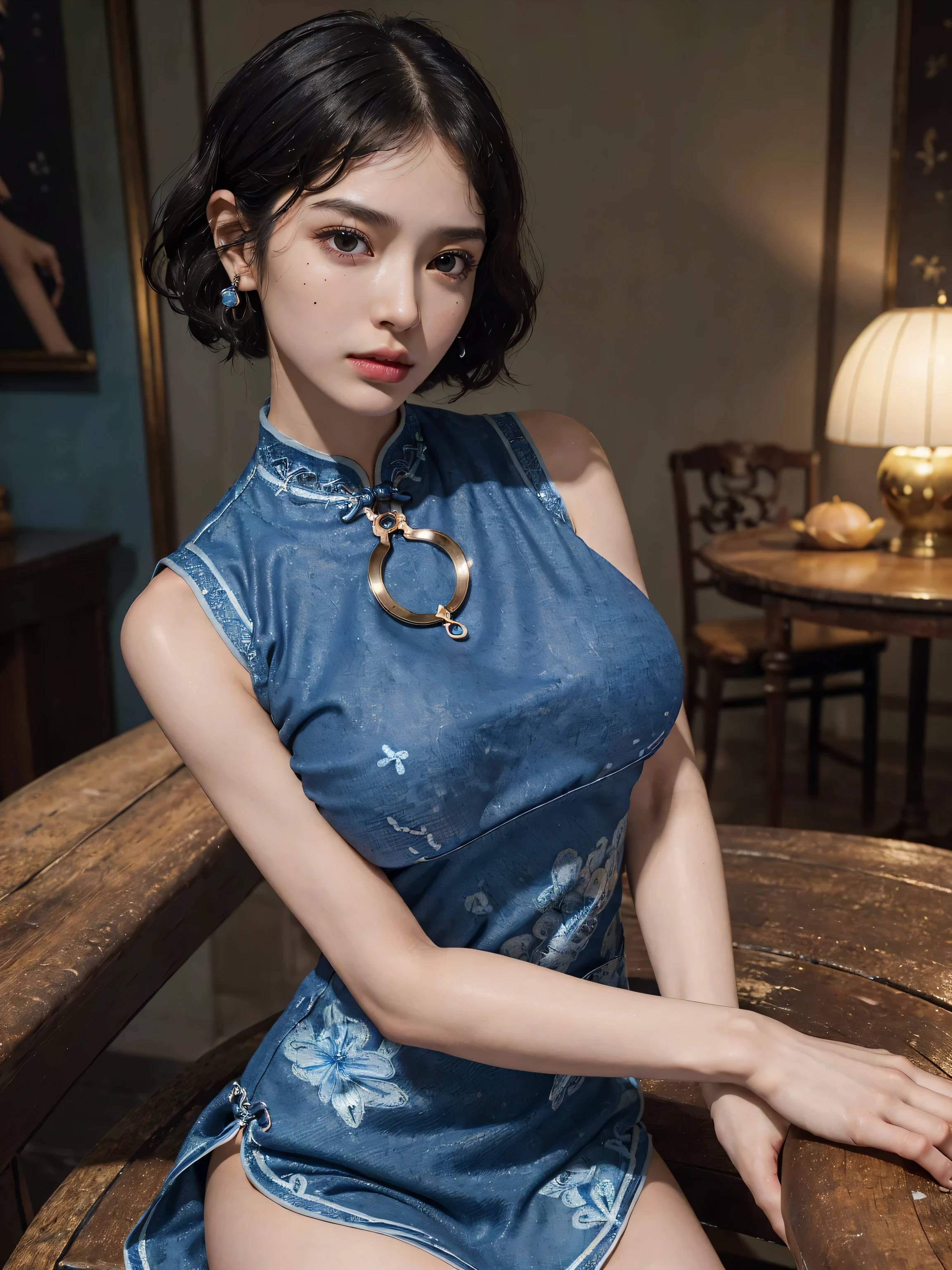 (shoulder-length straight short hair: 1.2),Upper body, （Extremely meticulous CG 8k wallpaper），（Extremely refined and beautiful），（Masterpiece），（best qualtiy:1.0），（Ultra High Resolution:1.0），beautiful light up，Perfect lightning，realistic shaded，[A high resolution]),(Smooth and flawless fair skin:1.5),(shiny skin:1.5),Extremely exquisite facial details，ultra - detailed，A  girl，small head，Smile，cheerfulness,Summer，afternoon，Close Shot，at home，In living room,Blue green background，(Standing at a large table:1.3),（Very large white papers on the table:1.3）,enjoying a comfortable and intoxicated expression,small face，（perfect body:1.1）,small breasts，flat chest,(Cleavage:1.5),slim，thin,collar,(see through Blue camouflage cheongsam:1.5)，Slender legs,Charming collarbone，flowers,sideways，(Holding a Chinese writing brush in right hand:1.5),lean forward,(Practicing Chinese calligraphy:1.5),(Black stockings:1.3),ink and inkstone,(cowboy shot:1.3),(portrait:1.3),upper body