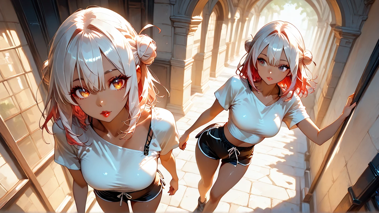 masterpiece,Game Art,Best picture quality,Maximum resolution,8k,(Upper Body),Unreal Engine 5 rendering works,Ray Tracing,RAW photos,(((Half of the face is mechanical))), (((Tosca Hair Color))), ((Long double ponytail hairstyle)), Enjoy the scenery, Focus on the Horizon, (((Perfect eyes))), (((sneer))), 2 girl, Perfect body, (((Perfect anatomical structure))), Tosca Eye Color, Double eyelids, (((Small breasts))), Very detailed skin texture, (Realistic skin), Ultra-fine face, Delicate lips, (((Delicate eyes))), (((Double eyelids))), necklace, Moist skin, Wet hair, Simple background, (Front focus), (On the peaks:1.2), (((Night Atmosphere))), Deep Dark, Surrealist Portraits of Women by David Hockney and Alphonse Mucha, Fantasy Art, (((Photo-realistic))), ((Dynamic poses)), (((World Model Poses))), Dynamic Lighting, Art Station, poster, Volumetric Lighting, Very detailed faces, 4K, in the darkness, (((Night Atmosphere))), ((Deep Shadows)), Low profile, Cowboy shooting, (((Red long skirt))), Lighting Dress, (((Erotic lace dress))), (((Red stockings))),((3D Unreal Engine)),OC rendering reflection mode