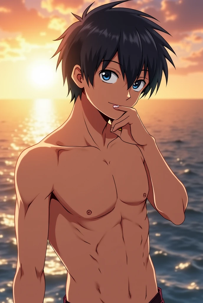 <lora:harukananase:1>, (1girl), glowing blue eyes, black hair, nanase_haruka \(free!\) a man in a sezy_bathsuit is sitting in the water, swimming goggles, shirtless, abs (Masterpiece:1.2), best quality, (illustration:1.2), (ultra-detailed), hyper details, (delicate detailed), (intricate details), (cinematic light, best quality Backlights), clear line, solo female, perfect body, ocean background , ((makeup)), high contrast, (best illumination, an extremely delicate and beautiful), ((cinematic light)), colorful