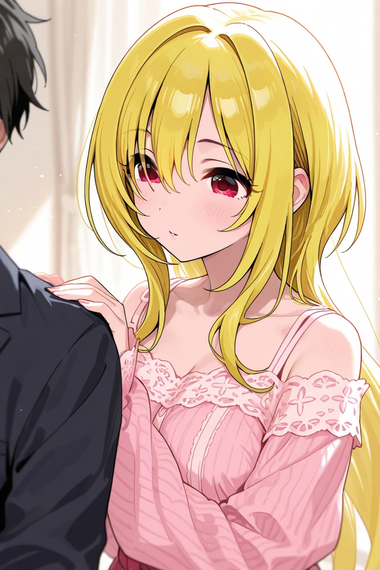 Beautiful long blonde　Princess in a pink dress　Gold Tiara　Long sleeve　Shyness　fellatio　sidefellatio　from side　1boy　1girl　peniswearing collar