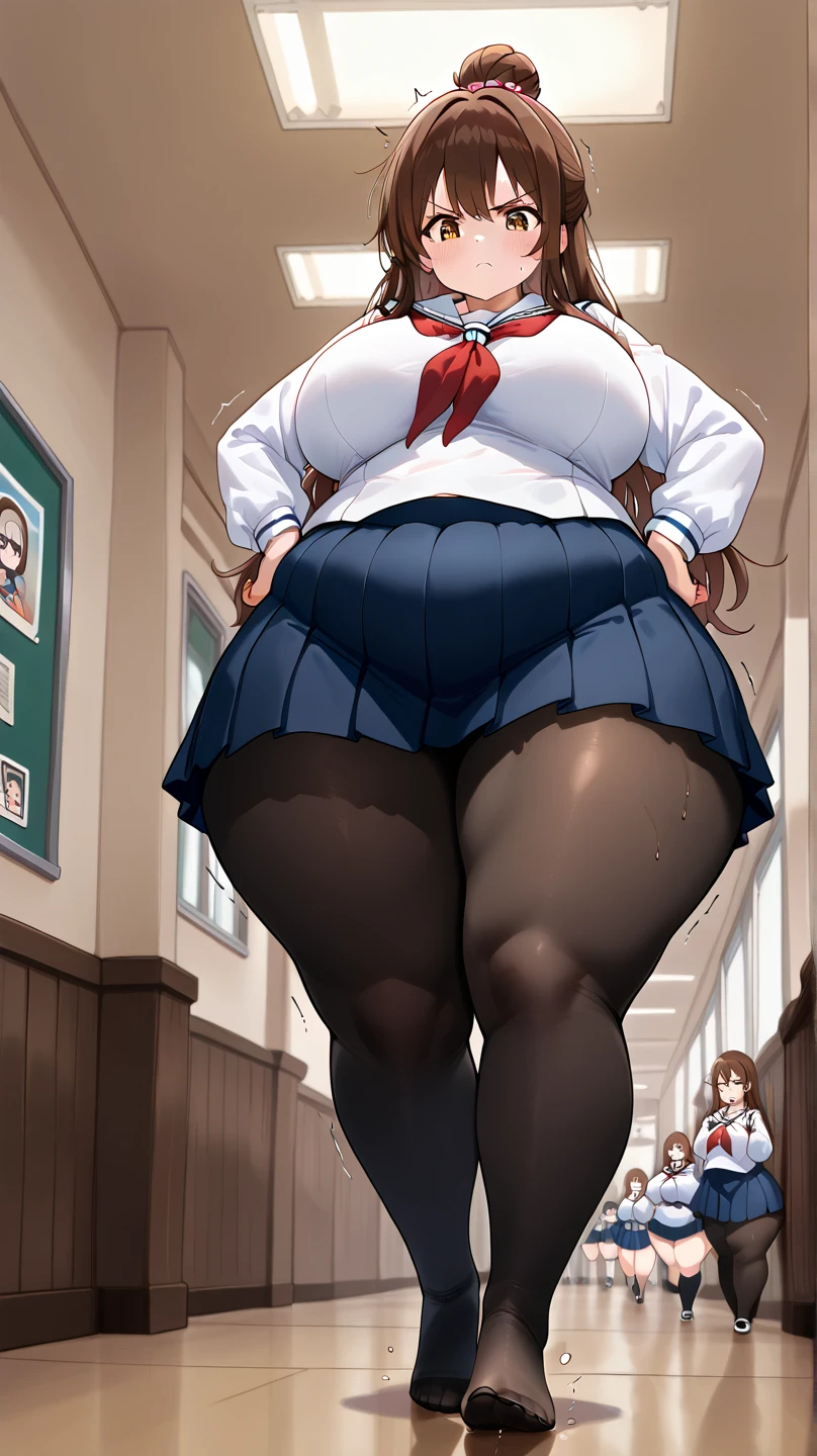top-quality, masterpiece, high-detail, 16k picture quality, Beautiful , Light brown medium hair, beautiful eyes of light brown, Uniforms, White blouses, Black_pantyhose, White panties showing through pantyhose, plump big breasts, Large breasts that hang down by gravity, blushing, She Looking at the camera, Enraptured look, Opening legs, evening classroom, Bright red sky, Beautiful clouds in madder color,