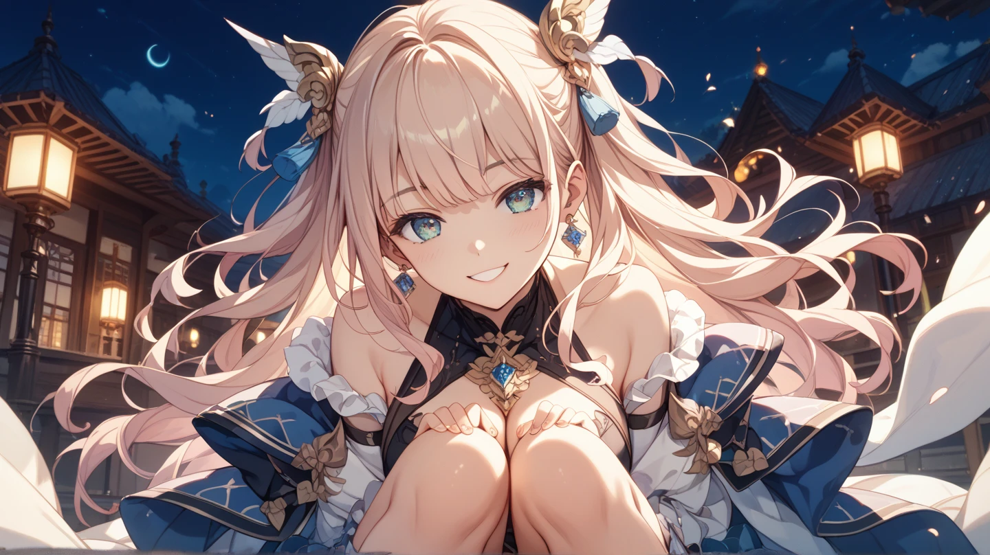 blonde beautiful girl　blush　fantasy　cute　night　starry sky　beautiful girl looking at the sky　　smile　　shooting star　Meteors　Ocean　one person　