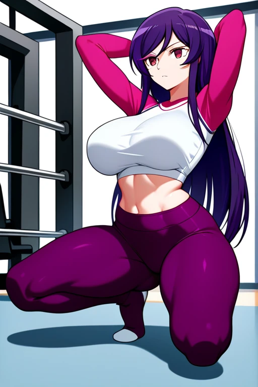 gym, workout, hot, sweating, sweaty, tan, big , tan skin, flustered, blush, purple clothes, see thru, yoga pants, man , ???, having sex, black hair, girl, huge man  girl, man and woman having sex at the gym, girl riding mans , cowgirl pose, ???,
