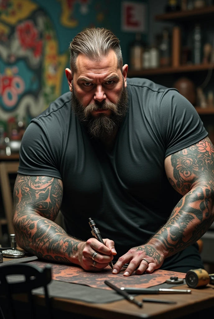 (male) Super cyborg, european male, magazine cover, poster art , Lovecraftian horror tattoos, bold huge text, matted design layout, strong, bold inking techniques, chromatic