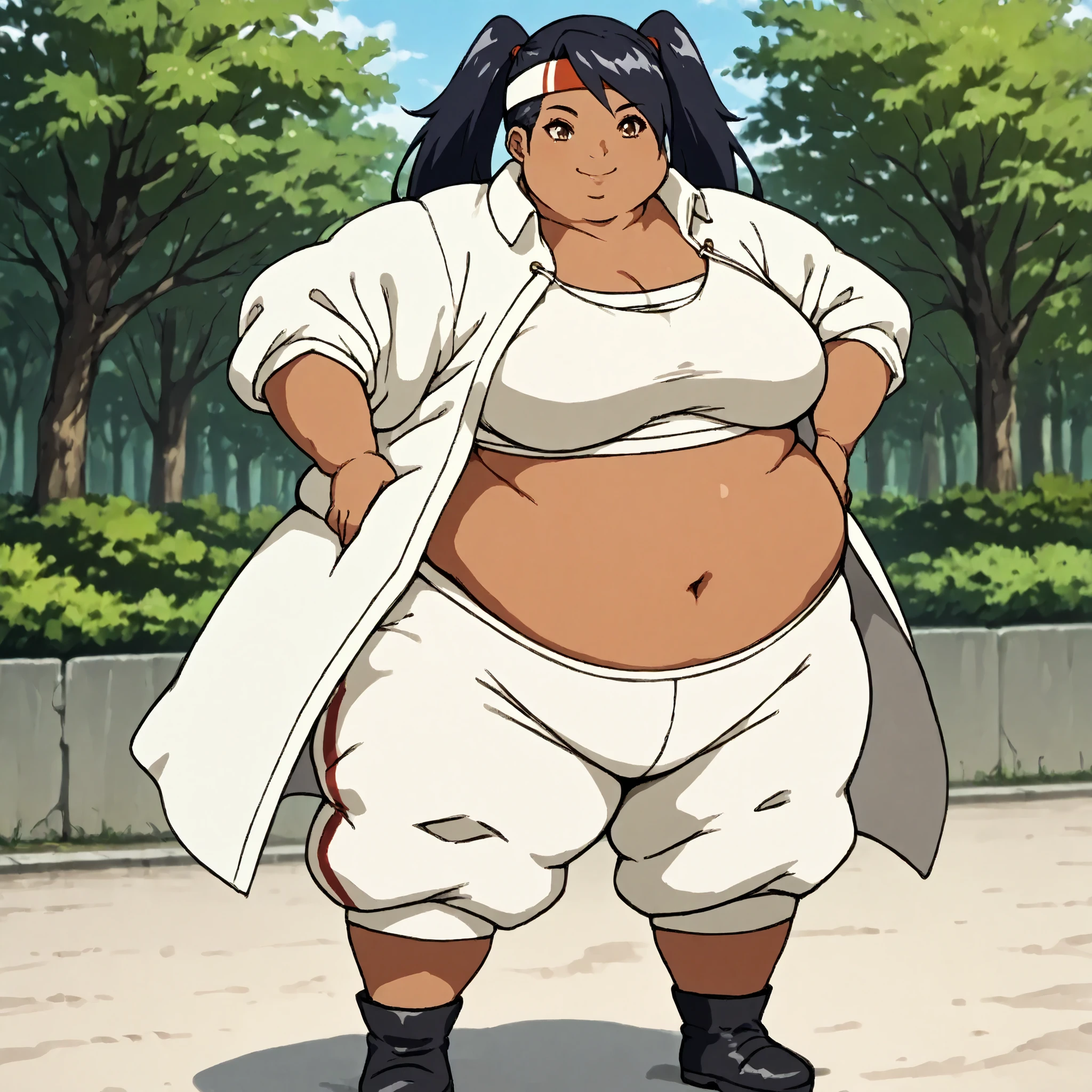 masterpiece, best quality, score_9, score_8_up, score_7_up, score_6_up, outdoors, 1girl, haylin, black hair, brown eyes, long hair, twin tails, dark skin, female focus, solo, white jacket, white pants, headband, short hair, smile, black footwear, coat, crop top, midriff sarashi, sarashi, full body