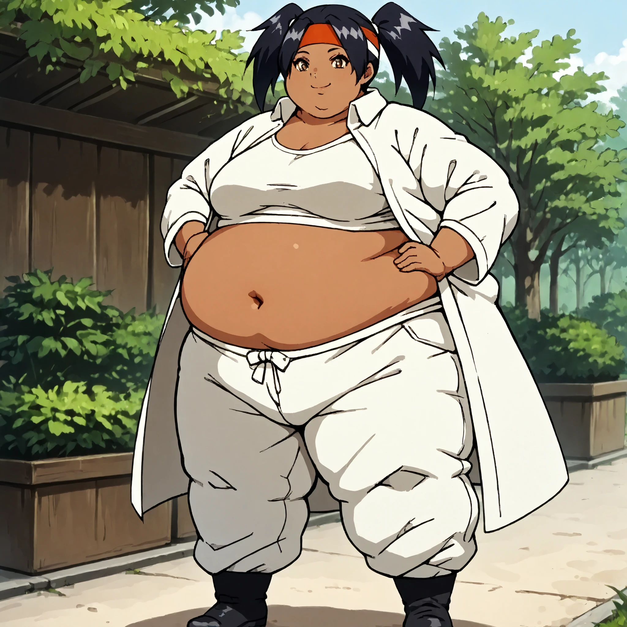 masterpiece, best quality, score_9, score_8_up, score_7_up, score_6_up, outdoors, 1girl, haylin, black hair, brown eyes, long hair, twin tails, dark skin, female focus, solo, white jacket, white pants, headband, short hair, smile, black footwear, coat, crop top, midriff sarashi, sarashi, full body