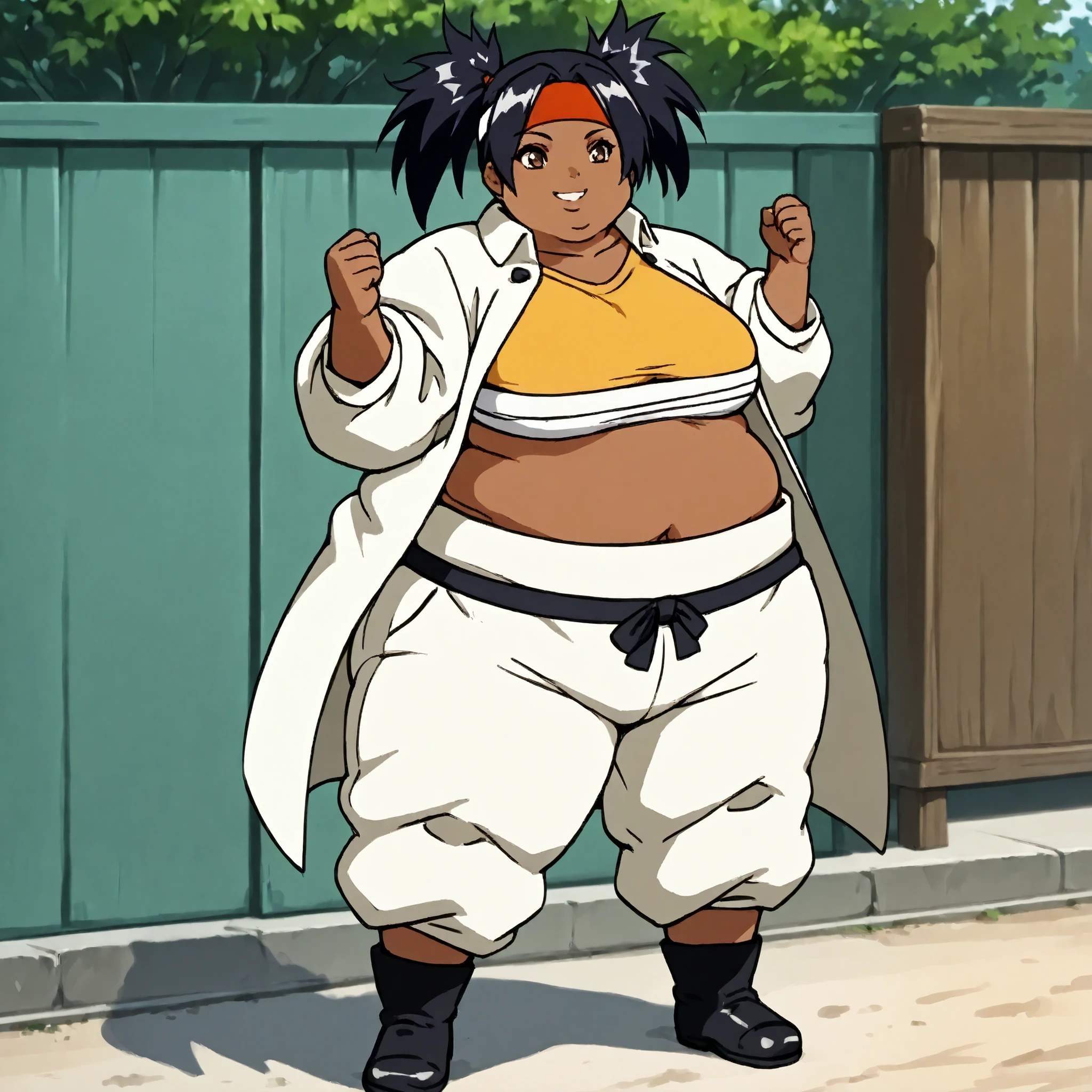 masterpiece, best quality, score_9, score_8_up, score_7_up, score_6_up, outdoors, 1girl, haylin, black hair, brown eyes, long hair, twin tails, dark skin, female focus, solo, white jacket, white pants, headband, short hair, smile, black footwear, coat, crop top, midriff sarashi, sarashi, full body