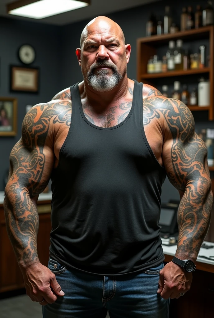 A hot bald headed American old guy with a huge muscular body tall guy with full sleeve tattoos wearing white tank top