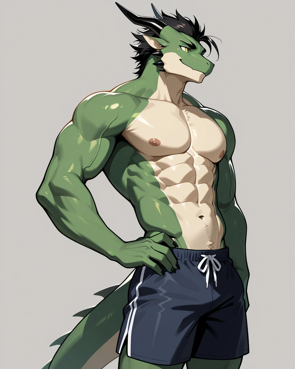 Solo, Furry, Anthro, Ogre, Male, E621, Standing, Muscular, Hands behind back, Wearing underwear, Plain background, Front view, Light skin, By bebebebebe
