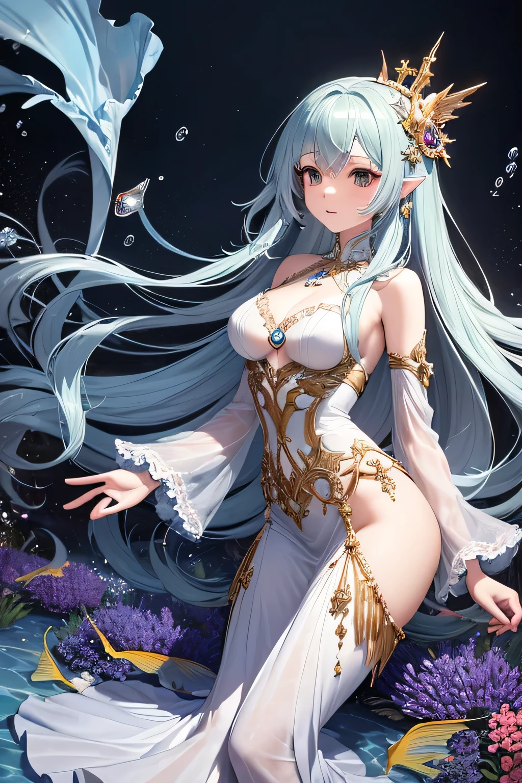 Young woman walking in chains with light blue hair and elf ears with white horns in a water palace with a short and sexy white dress all wet, Ela tem um corpo volumoso e os seios, breasts and bust are huge, ela tem um rosto macio delicado lindo e perfeito. Water particles and magical bubbles hang in the air
