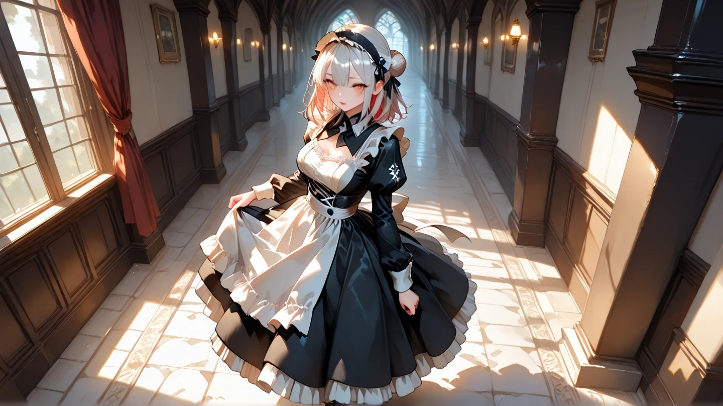 extremely quality extremely detailed, contrapposto, Faint lips,UC:realistic glow shine like opal deep-silky-healthy-lackwarm-foundational-soft-skin, photo realistic ray trace depth of field, extremely quality extremely detailed, illustration, contrapposto, cute anime face cinematic lighting cinematic angle, lower eyelashes eyelashes, eyeliner, Gothic Frilled dress, long skirt, Headdress, bowknot, hair ornament, hair flower, black fishnet_pantyhose, garter straps, Lace, cross-laced footwear, frilled blouse, ribbon-trimmed sleeves, puffy sleeves, bloomers, candlestick, stained glass, intricate gothic architecture, +++ 
turquoise eyes odd eyes , 
vivid multicolored hair, 
long hair , 
side braid, 
drill hair , 
crossed bangs, 
hair flaps , 
grin, 
nose blush , 
head_tilt  
+++, fullbody, look up to, from side