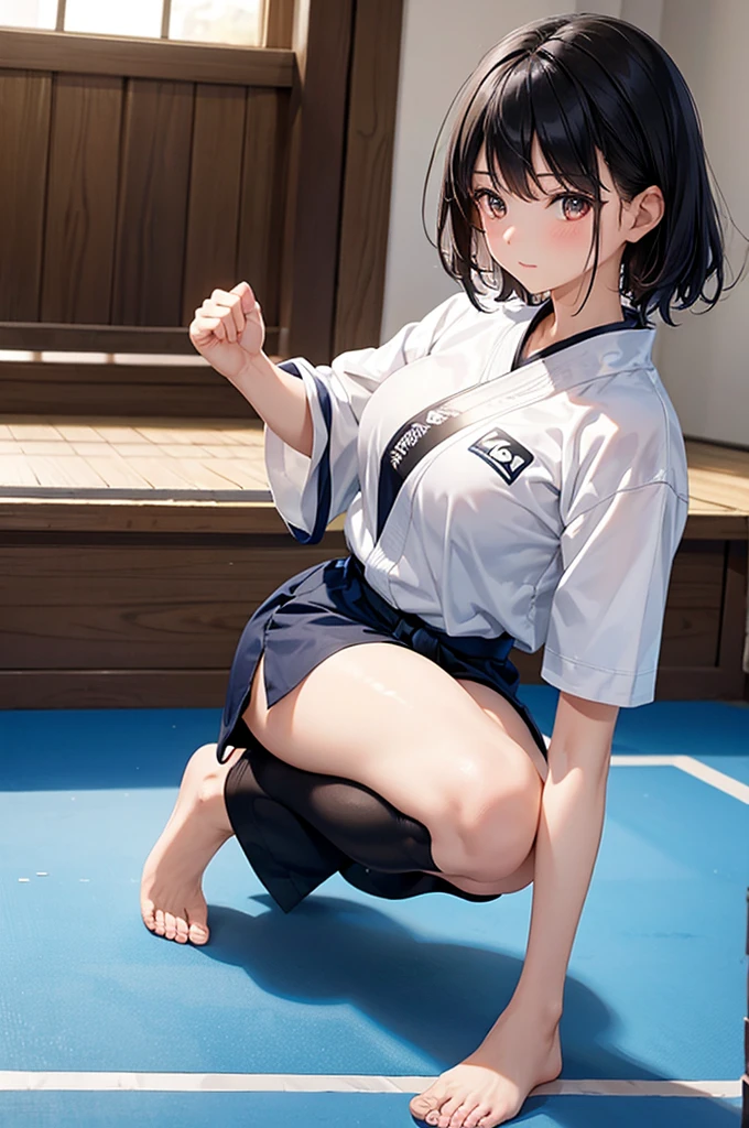 (masterpiece、highest quality、High resolution、Realistic photo、Real looking skin:1.1)、
(The woman is a judo player:1.5)、
(It's a happy expression:1.5)、
(The upper body is only wearing a pure white long-sleeved gi and a T-shirt, and the belt is a black belt.:1.8)、
(The lower half is only panties:1.8)、
(The panties are simple white cotton.:1.5)、
(Black hair in a medium ponytail:1.5)、
(The place is a judo hall:1.5)、
1 Japanese Girl、solo、Full Body Esbian、Beautiful Eyes、Shining Eyes、Shining thighs、NSFW