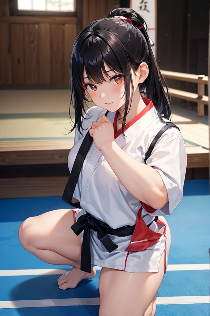 (masterpiece、highest quality、High resolution、Realistic photo、Real looking skin:1.1)、
(The woman is a judo player:1.5)、
(It's a happy expression:1.5)、
(The upper body is only wearing a pure white long-sleeved gi and a T-shirt, and the belt is a black belt.:1.8)、
(The lower half is only panties:1.8)、
(The panties are simple white cotton.:1.5)、
(Black hair in a medium ponytail:1.5)、
(The place is a judo hall:1.5)、
1 Japanese Girl、solo、Full Body Esbian、Beautiful Eyes、Shining Eyes、Shining thighs、NSFW