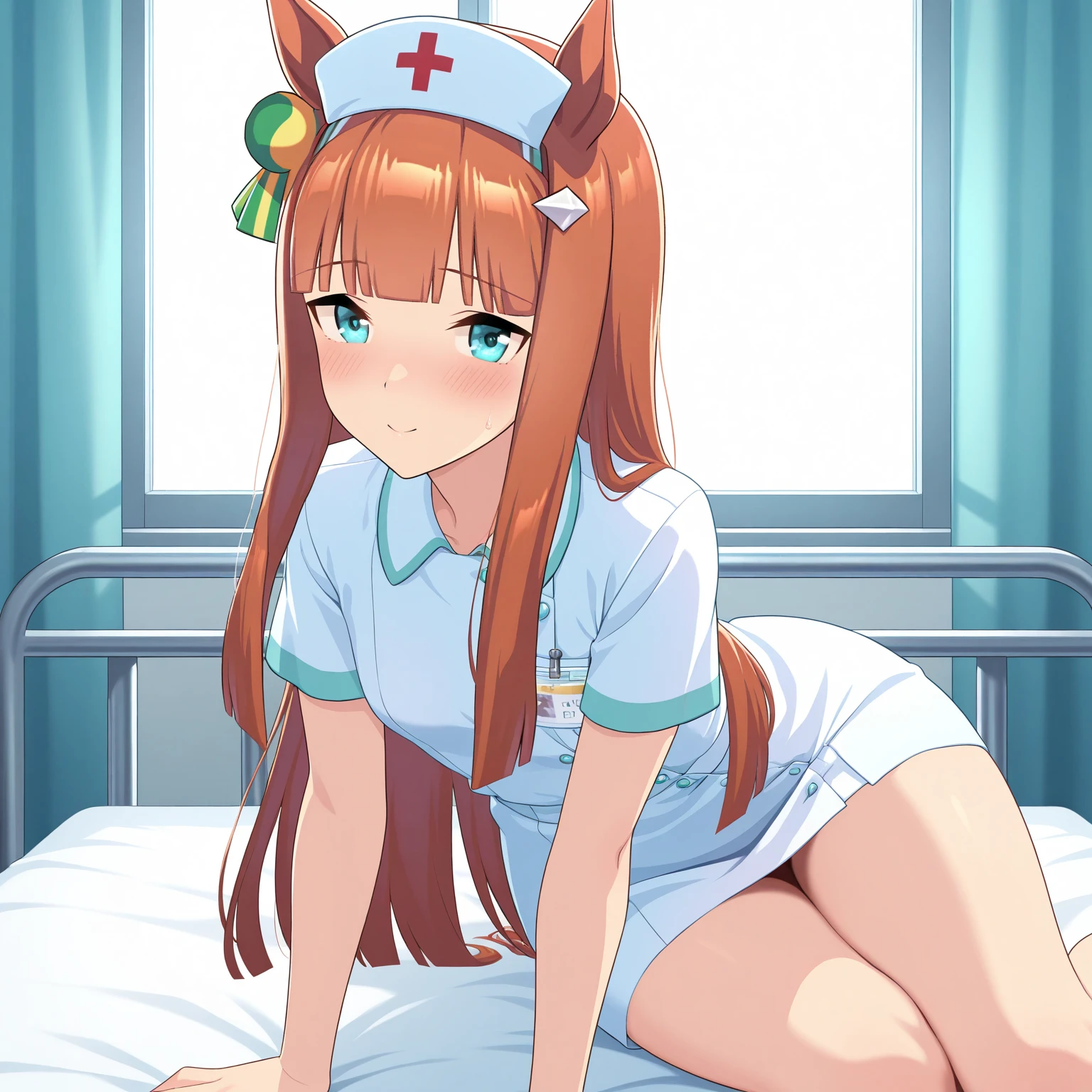 Point Of View, Cowgirl position, Mount Position, Cat nurse reaching for me anxiously, Hospital room, White curtains, sunlight, window, ceiling, nurse's outfit(detailed beautiful face and eyes)absurdres, perfect anatomy(kemono, angelic cute girl, solo focus)(furry anthro)(very detailed body fur)embarrassed, smile:0.6, full-face blush, open mouth, full body, I sleep on my back in bed, Sitting on my belly, Point Of View, Cowgirl position, Cat nurse reaching for me anxiously,