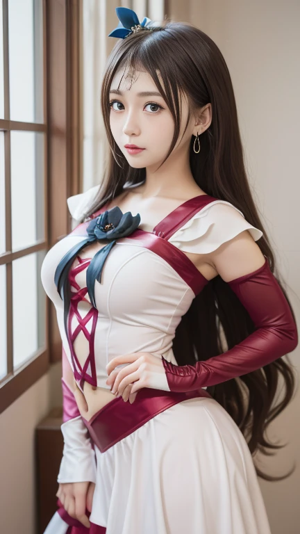 (High quality, masterpieces), One Japanese girl, black long hair, Beautiful face, Sleepy eyes, Shy, Brown eyes, Crimson wide sailor collar, Crimson ruffle mini skirt, Huge violet ribbon covering over her breast, Big breasts, Exposing skin around navel, a white crop top, Crimson leatherlong gloves, Crimson leather Knee-high boots, Garter belt, circlet made of black metal with a purple jewel on forehead, broad and deep dark-pink eyeshadow, Attach sheep's horn to temporal region, Equip a huge death's scythe, On top of a tower overlooking skyscrapers, Cyber punk, Midnight, red moon
