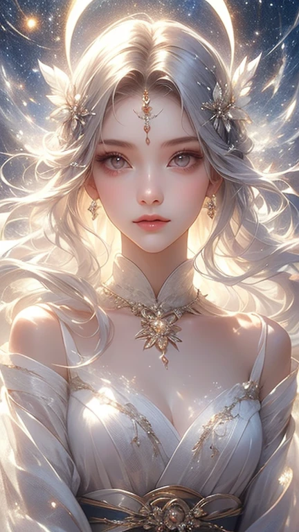 (simple hands:0.5)+(detailed hands:0.7), (masterwork), (best quality), white hair, red eyes,1girl, pale skin, white hair, red eyes, two tone hair, eyelashes, bracelet, jewelry, smile, gleaming skin, shiny hair, detailed and majestic stage, Fantasy, Long Hair, 1 girl, two-tone hair, night sky, Incredibly detailed CG illustration masterpiece, looking at you, anime, beautiful anime eyes, beautiful detailed eyes, eyes, glittering eyes, red eyes, galaxy, nebula, (full body), (curvy),