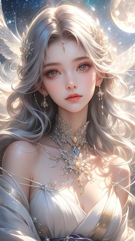 (Highest quality real textured skin),(Abysmal),(Are you okay, round, Symmetrical eyes),Delicate facial features,(Burning bright cold eyes),(She has a mischievous smile),(Her face is kind and beautiful),Glass earrings in the ears,,(Blonde),(Silvery white hair),(Chestnut Hair),(Swim at the bottom of the ocean),(Full body portrait:1.5),(Dramatic Photos:1.4),(Dramatic Pose),(Flashy photos)(Look up),(Look down),(Around her neck is a simple necklace made with exquisite craftsmanship.),Cluttered picture,(Hair flowing in the water:1.5),(In the water, Life at sea, 美しいCoral Reef, fish),(Background vortices and currents),(Dramatic Light),(Nice views),(美しいfishに囲まれて),遠くの背景にはCoral Reefに沈んだ寺院が見える,Coral Reef,Spectacular realism,Cinematic feel,(High-density image review:1.5),(Soft colors:1.2),Super detailed,Dramatic Light,(Intricate details:1.1),Complex background,