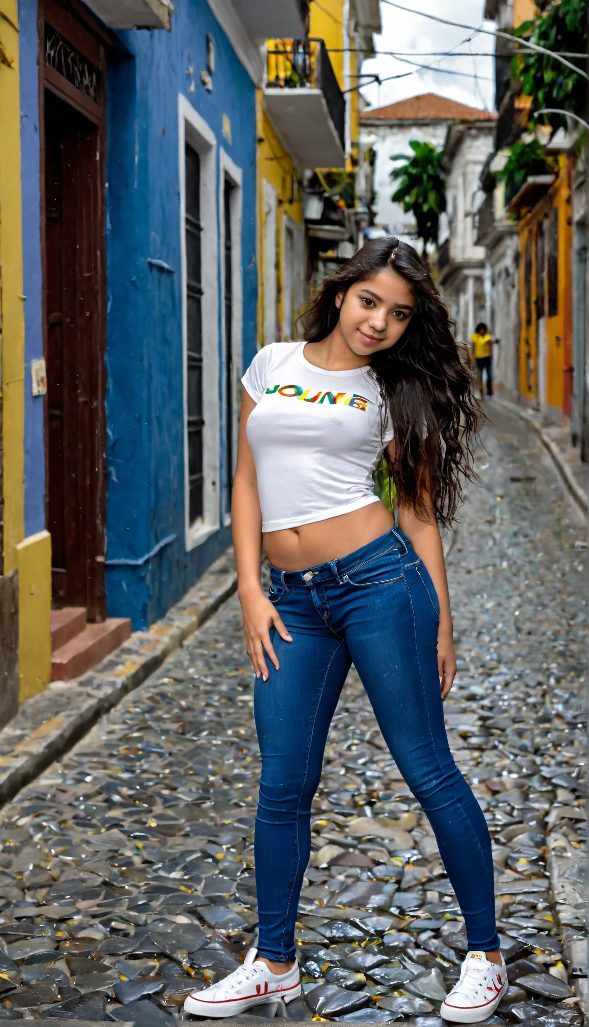 Foto RAW, uma foto de retrato da mulher vestida com t-shirt, parte superior do corpo, sunshine, rua da cidade salvador na Bahia, (pele altamente detalhada: 1.2), 8k uhd, dslr, soft-lighting, alta qualidade, grain of film, Fujifilm XT3