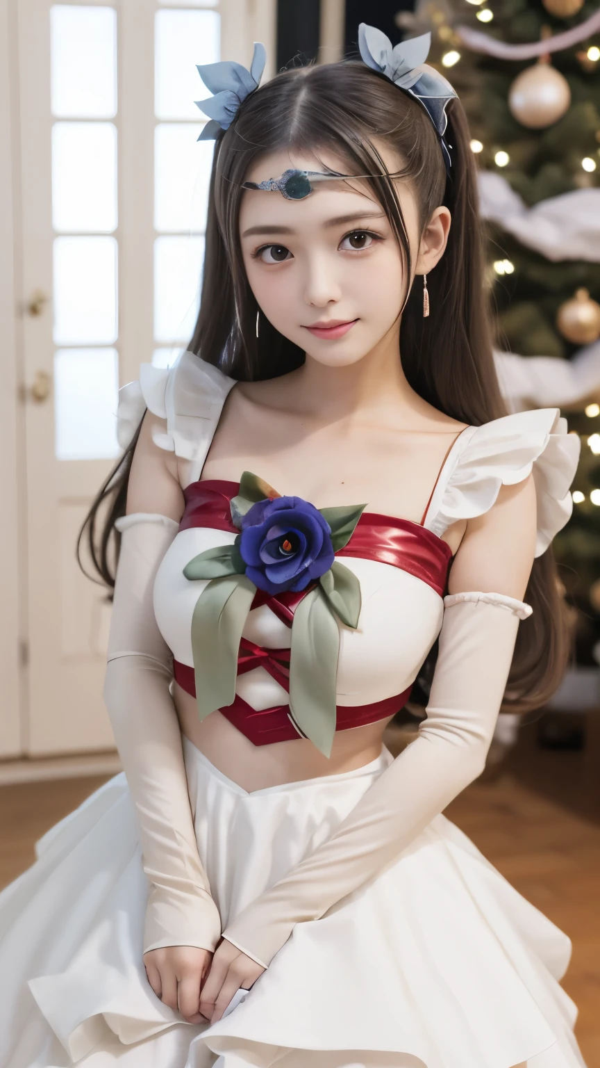 8K High Resolution、Christmas Decorated Room 、Pretty Cure cosplay、cute cosplay、Milky Rose purple costume with meticulous attention to detail、Christmas cake displayed on the table 、 Glamorous and cute high school girl with big 、