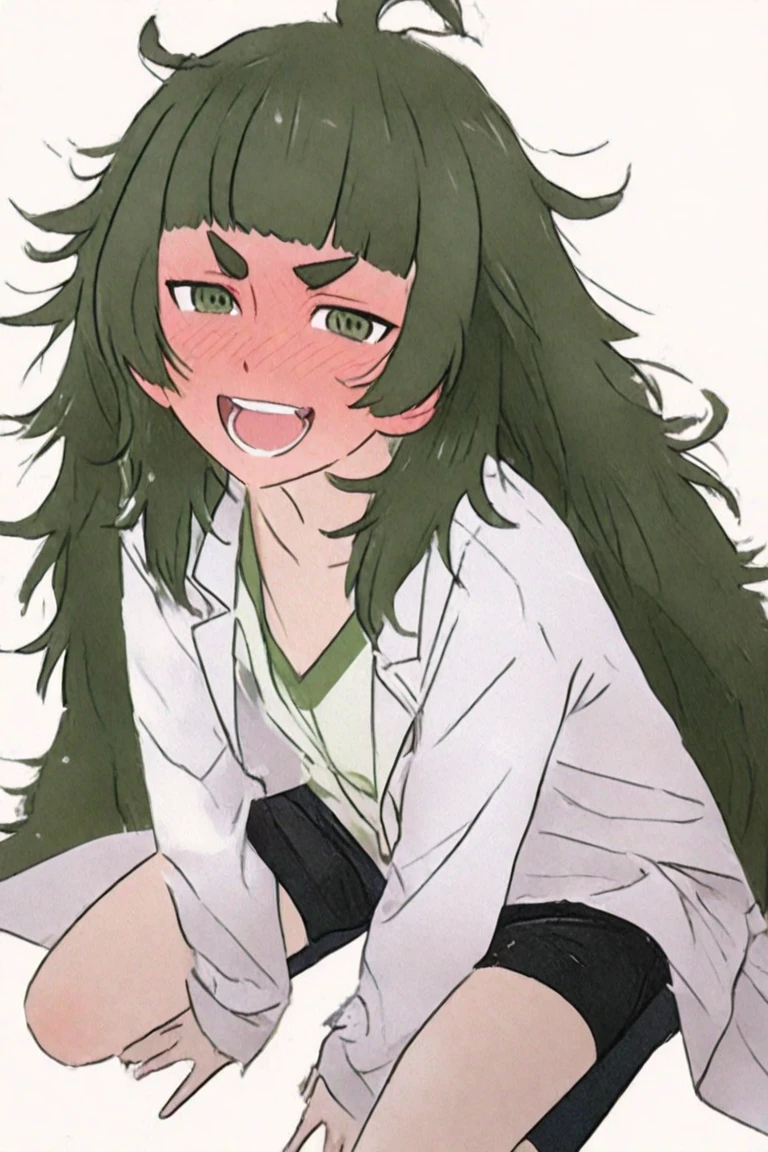best quality, masterpiece, 1girl, solo, maho, messy hair, bangs, dark green hair, green eyes, full body, labcoat, shorts, t-shirt, sitting
