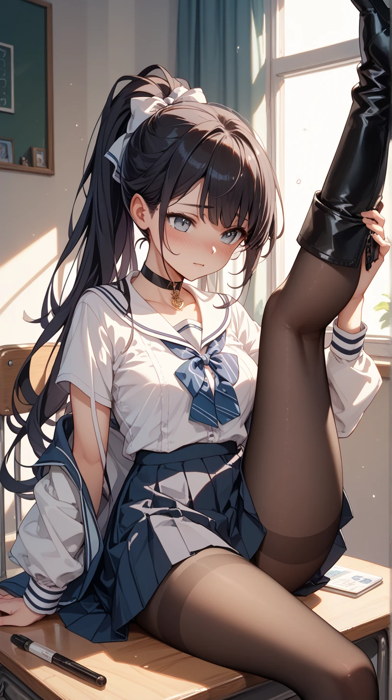 ((masterpiece)), (((best quality))), ((ultra-detailed)), ((illustration)), ((disheveled hair)), Loli,pantyhose,serafuku,sitting,smile,miniskirt,twintails,Black hair