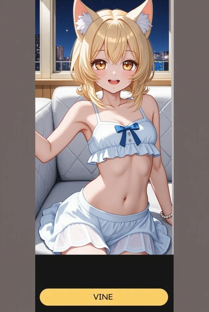 (masterpiece、top-quality、hight resolution、photos realistic、real looking skin:1.1)、25 year old Japan girl、Short stature、full body Esbian、(Very small :1.5)、(a blond:1.2)、Beautiful eyes、Shining eyes、embarrassed from、Short side ponytail、No bra、Chest Pochi、(Sheer white tank top:1.5)、is standing、(arms behind back:1.5)、(Bedroom at night:1.5)、(Linen Child Ps:1.5)