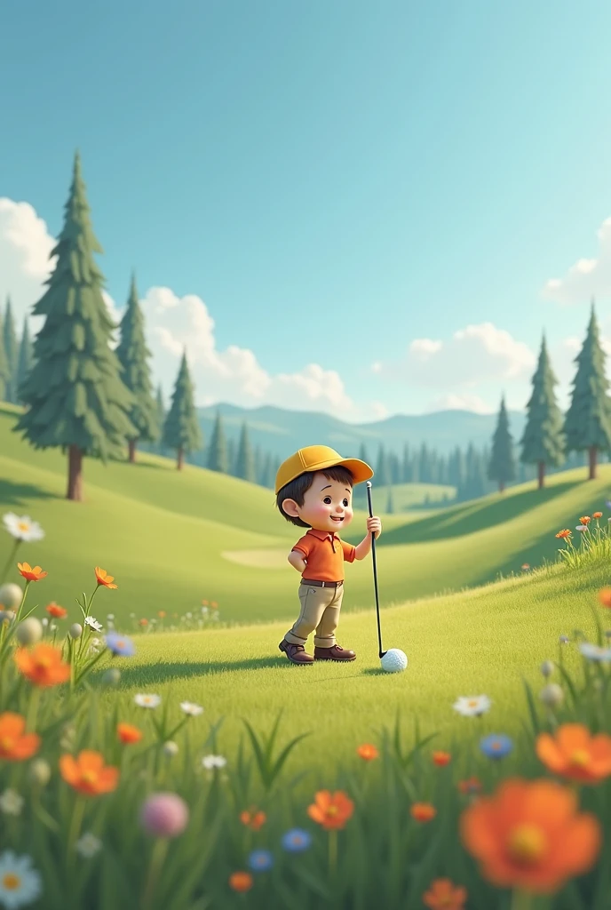 There was a boy with a golf club in his hand, Beautiful 3D rendering, The little boy is playing golf, Portrait of Golf Prince Boy, cute 3d anime boy rendering, Beautiful and detailed digital art, Explorer male mini cute boy, stylized 3d rendering, 3d renderizado arte personagem 8k, Beautiful digital painting, estilo anime 3d, Ultra-detailed render, Planetary background