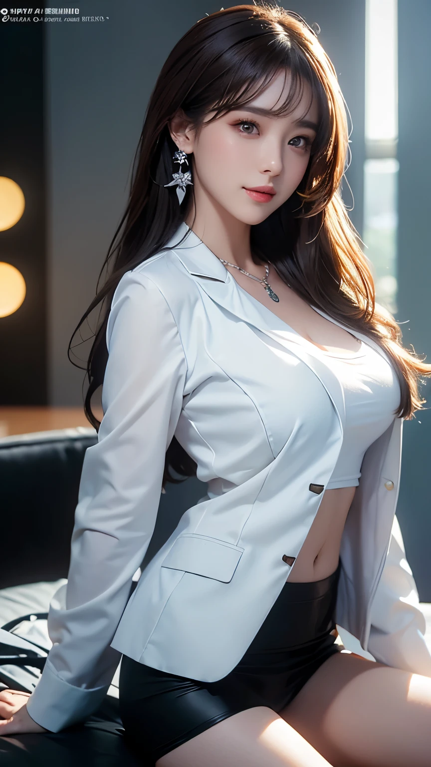 (Highest quality, masterpiece:1.2), White Background, (Huge breasts:1.5), Realistic, Big Breasts, (垂れ下がったHuge breasts:1,5), Tight waist, Long legs, Thick thighs, Fair skin, Rosy Cheeks, Porcelain Skin, (High class clothing), Brown Hair, Big eyes, Beautiful woman, smile, eyelash, Highly detailed face, Japanese Goddess, Japanese actress, Japanese Model,
