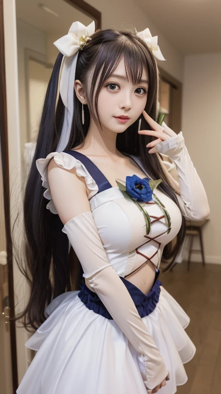 Alafe in a bow and tie costume, anime girl Cosplay, anime Cosplay, Cosplay, ((Very large breasts)), sakimichan, Gwaiz, ahegao face, Anime Goddess, Blue pigtailed hair and emerald eyes, Fairy Core, Inspired by anime, Belle Delphine, Sakura Kinomoto, y 2 k cutecore crowncore, (Pure Eros Face_1:0.33), (Urzan-6500:0.33),