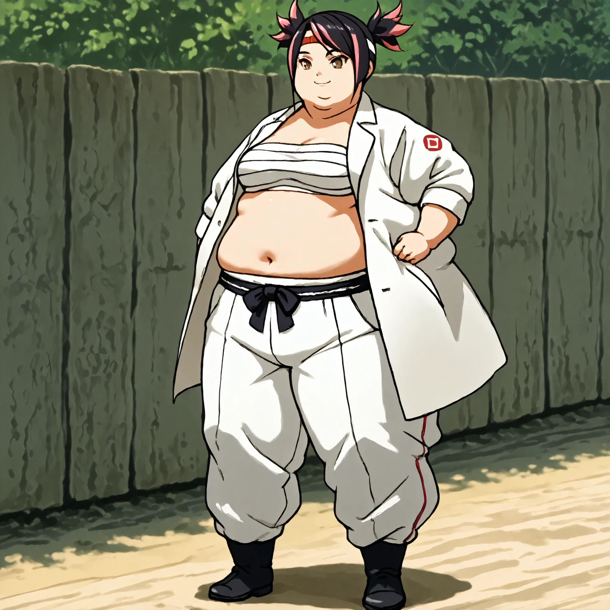 masterpiece, best quality, score_9, score_8_up, score_7_up, score_6_up, outdoors, 1girl, miko nakadai, short hair, black hair, pink hair, multicolored hair, two-tone hair, twin tails, streaked hair, brown eyes, female focus, solo, white jacket, white pants, headband, short hair, smile, black footwear, coat, crop top, midriff sarashi, sarashi, full body