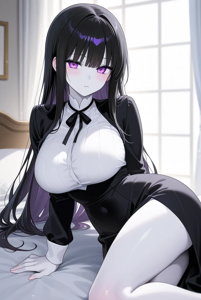 ((((ultra illustrated style:1.0)))),best quality,best animated,masterpiece,ray tracing, global illumination,between breasts,between breasts, 1girl, pantyhose, solo, leotard, long hair, purple leotard, detached collar, sitting, black hair, bangs, bare shoulders, strapless leotard, black pantyhose, no shoes, blush, arm strap, strapless, wariza, purple necktie, closed mouth, smile, red eyes, thighband pantyhose, on floor, hairband, full body, thighs, very long hair
<lora:between breasts-000009:0.8>