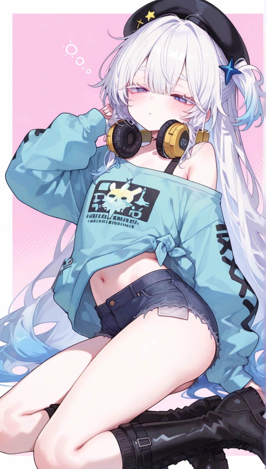 ((kinako (shiratama mochi) style)), colorful eyes, soft style, masterpiece, solo, 1 girl, topless, large nipples, nipples, black shorts, beautiful art, vibrant, colorful, medium breasts, multicolored hair, cat ear headphones, full bangs, teen, body, narrow waist, slender legs, hairband, choker, smiling, peace sign, spats, navel, thigh strap, abstract, paint splash, light hair, tongue out, long tongue, side tail hair ornaments, paint on body, waist pouch, heterochromia, star sticker on face, multicolored eyes, high angle shot, top view